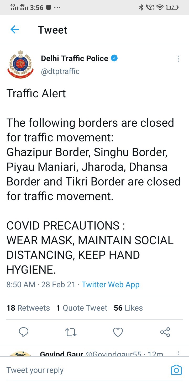 Alert! दिल्ली ट्रैफिक पुलिस ने किया सारे बॉर्डर सील। 3 Screenshot 2021 0228 155636