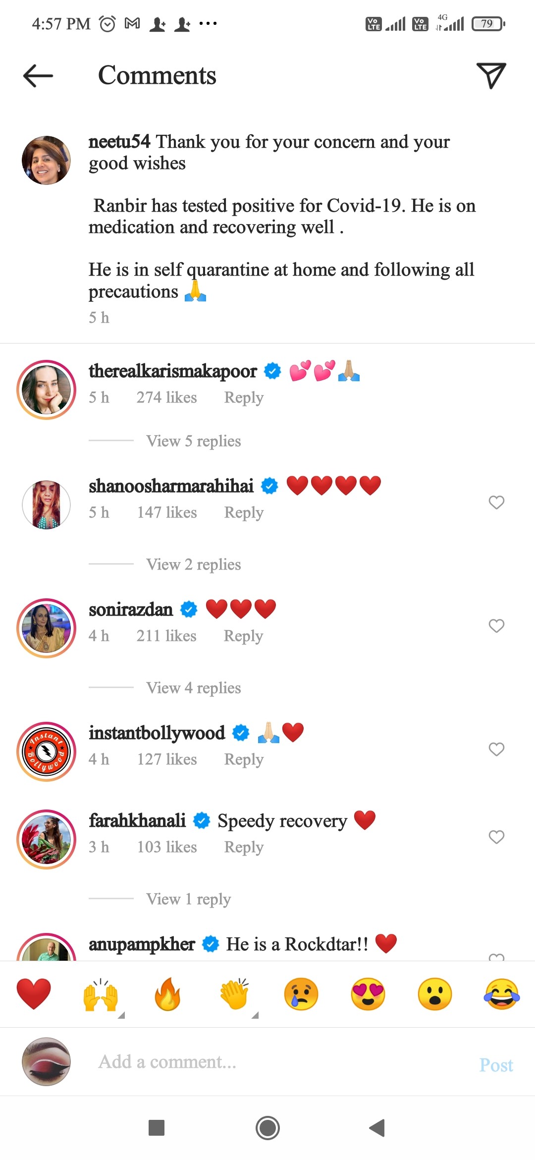 रणवीर कपूर के कोरोना पॉजिटिव होने की खबर को मां मीनू ने कंफर्म किया। 3 Screenshot 2021 03 09 16 57 08 297 com.instagram.android