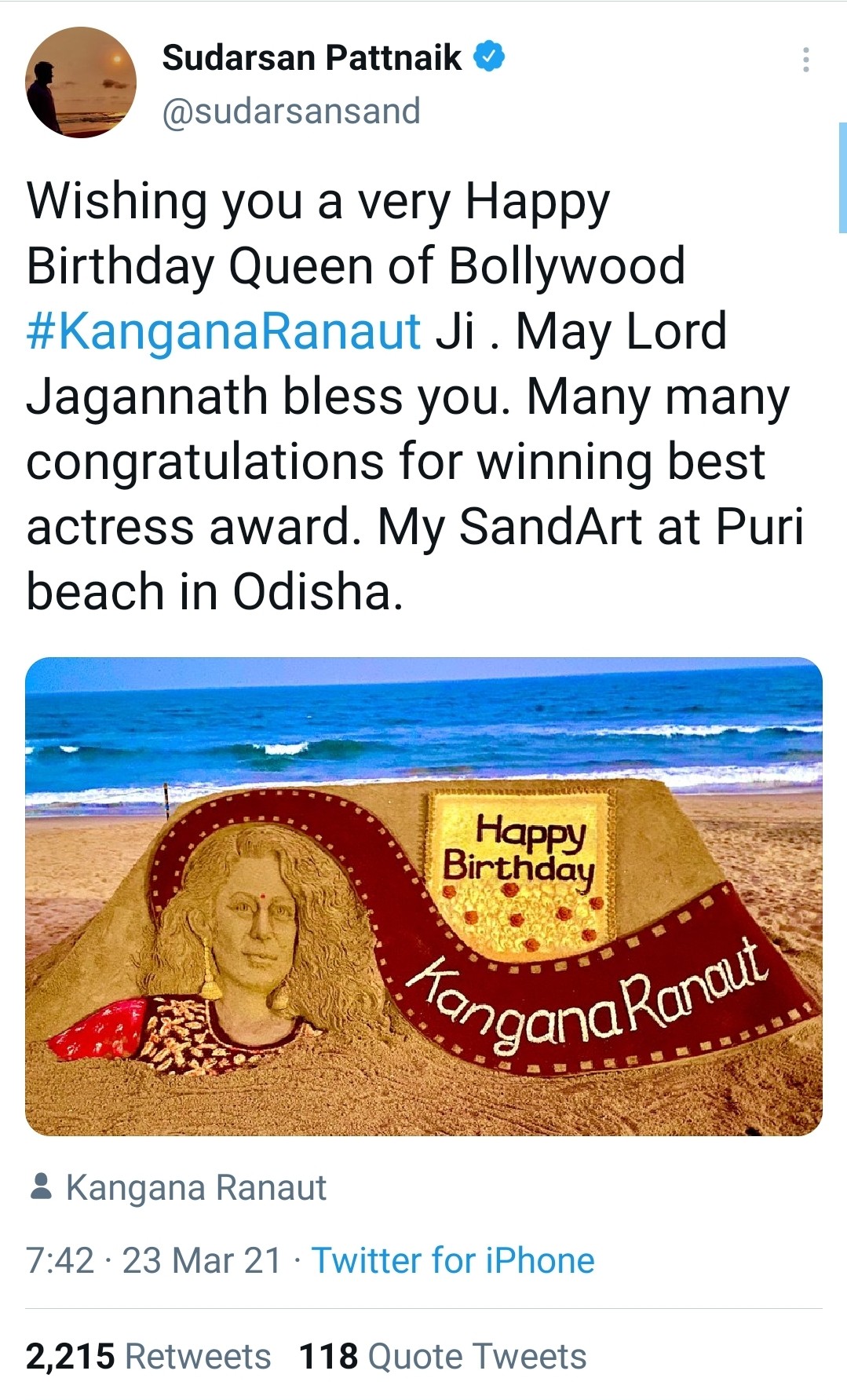 उड़ीसा के सुदर्शन पटनायक ने कंगना के जन्मदिन पर दी सैंडआर्ट के द्वारा बधाई ! 2 Screenshot 20210323 175127 Twitter