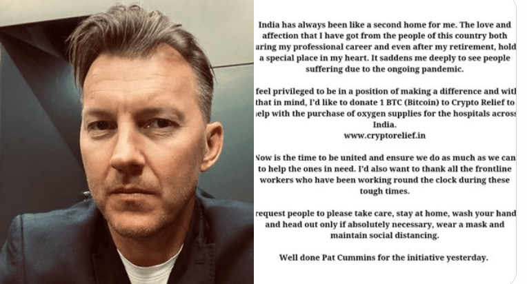 #CryptoRelief टॉप सोशल ट्रेंडिंग: Brett Lee donate bitcoin for India's fight against COVID-19 2 Capture